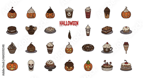 Halloween Icons Set of HandDrawn Halloween Treats Spooky Cakes Coffee and JackoLanterns Icon Set. Vector Illustrations. EPS Editable