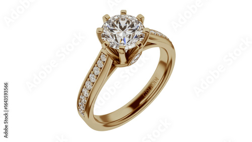 Exquisite Gold Engagement Ring Adorned with a Dazzling Brilliant Cut Diamond and Smaller Pave Set Side Stones, Symbolizing Love and Commitment