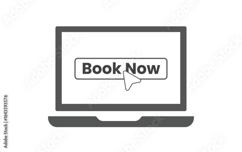 Gray and white 2D illustration of a laptop screen with a Book Now button and cursor pointer. concept of online booking, digital reservation, hotel and flight booking systems, high resolution vector