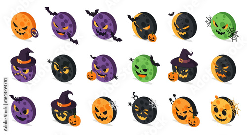 Halloween Icons Set of Isometric Halloween Moon Character Set Spooky Colorful Faces with Pumpkins and Bats. Vector Illustrations. EPS Editable