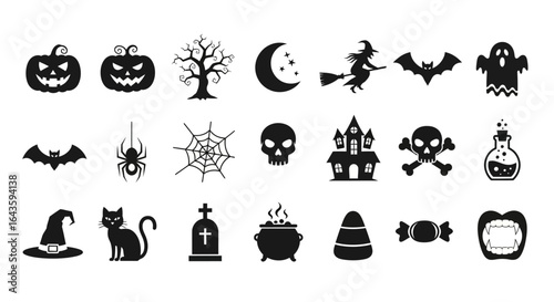 Halloween Icons Set of Minimalist Black Silhouette Icon Set of Classic Spooky Halloween Symbols. Vector Illustrations. EPS Editable