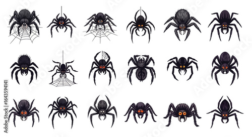 Halloween Icons Set of Menacing Black Cartoon Spiders A Spooky Halloween Character Set with Expressive Faces. Vector Illustrations. EPS Editable