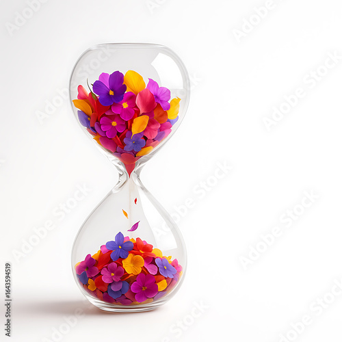 Colorful flower petals flow inside transparent hourglass symbolizing passage of time with vibrant natural beauty and delicate