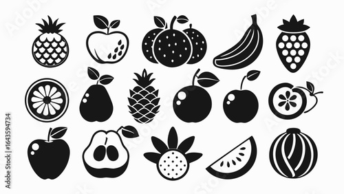 Vector art of variety of fresh fruits and berries, including pineapple, apple, orange, banana, strawberry, pear, and kiwi, isolated on white background