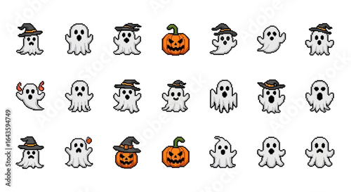 Halloween Icons Set of Pixel Art Halloween Character Set Expressive Ghosts and Spooky Jackolanterns. Vector Illustrations. EPS Editable