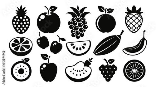 Vector art of assortment of fresh fruits depicted in simple black and white icons, isolated on a clean white background