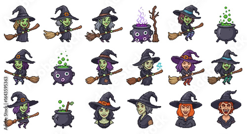 Halloween Icons Set of Retro Pixel Art Witch Character Sprite Set with Brooms and Cauldrons. Vector Illustrations. EPS Editable