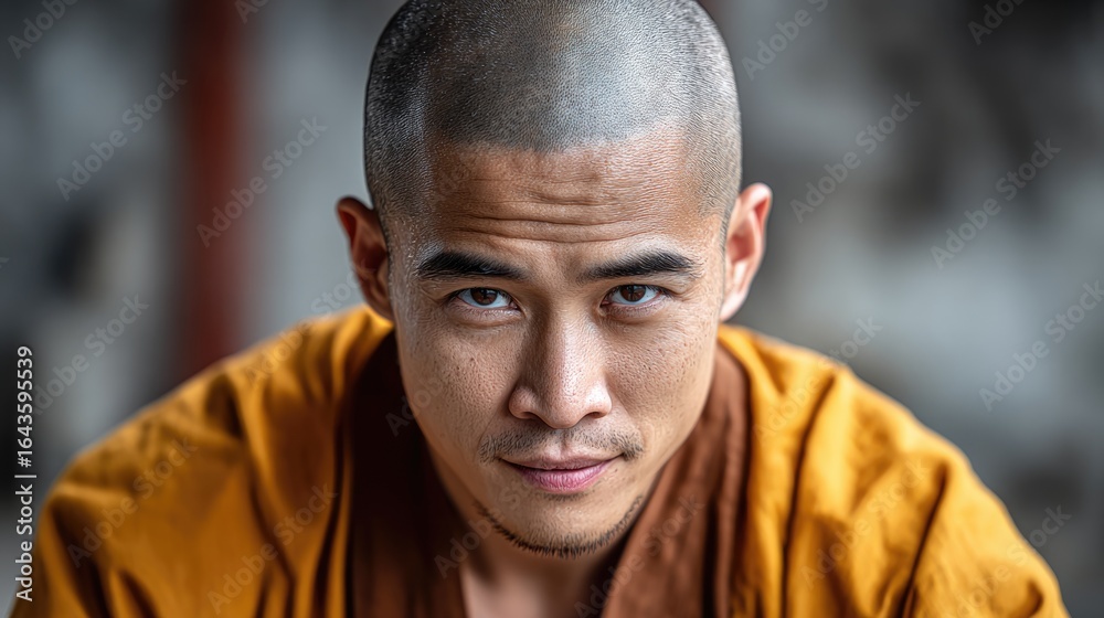Fototapeta premium A close-up of a Shaolin monk face displaying a strong combination of inner resolve and peacefulness