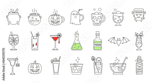 Halloween Icons Set of Spooky Halloween Cocktails and Potions A Minimalist Line Art Icon Collection. Vector Illustrations. EPS Editable