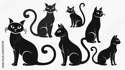 Vector art of group of black cat silhouettes in different poses, isolated on a white background, ideal for graphic design and illustration
