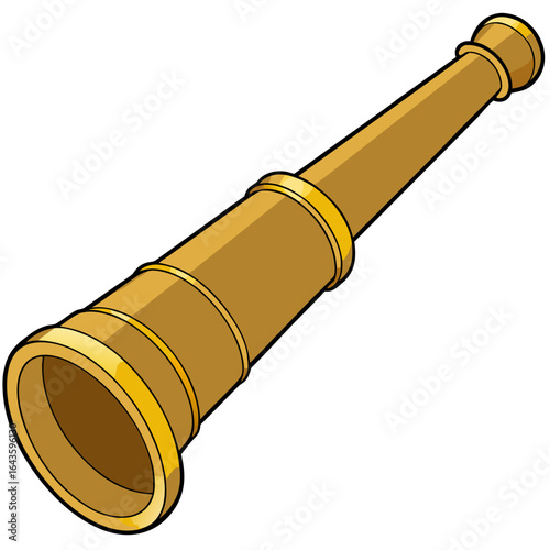A vintage brass spyglass telescope with golden rings and a white background