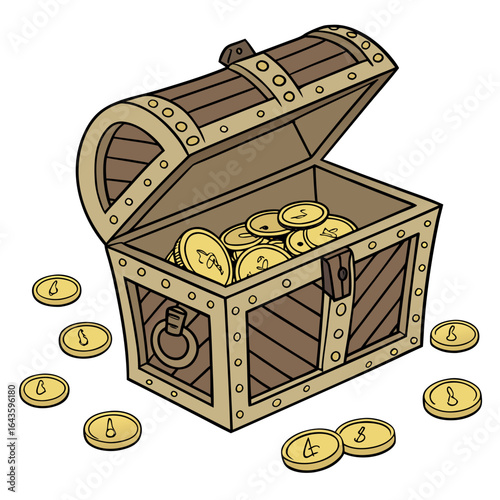 An open wooden treasure chest overflowing with gold coins scattered around on a white background