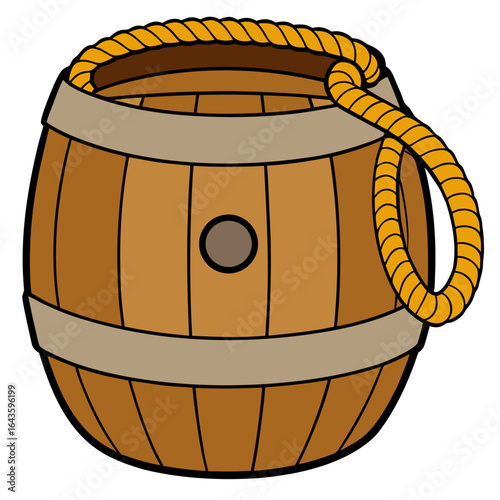 A wooden barrel with a thick rope handle looped over the top and a bung hole on the side