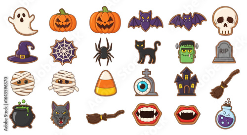 Halloween Icons Set of Spooky Sweet Halloween A Festive Collection of Iced Gingerbread Cookies. Vector Illustrations. EPS Editable