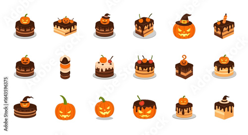 Halloween Icons Set of Spooky Sweet Treats A Collection of Isometric Halloween Cakes and Pumpkin Illustrations. Vector Illustrations. EPS Editable