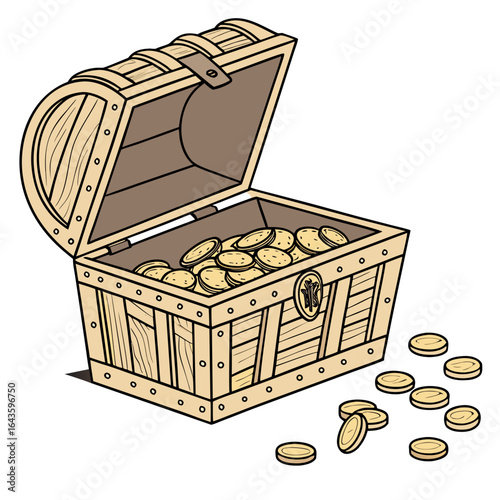 Open wooden treasure chest overflowing with gold coins and scattered coins on a white background