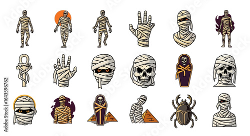 Halloween Icons Set of Vibrant Cartoon Mummy Icon Collection Skulls Sarcophagi and Egyptian Symbols. Vector Illustrations. EPS Editable