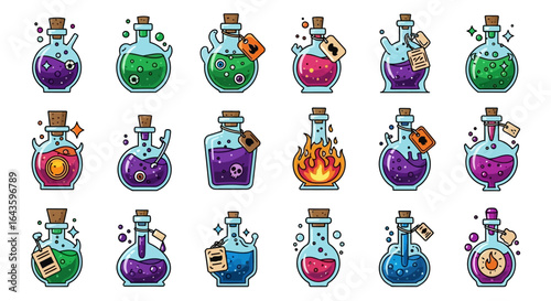 Halloween Icons Set of Vibrant Cartoon Set of Magical Alchemist Potions in Assorted Glass Bottles. Vector Illustrations. EPS Editable