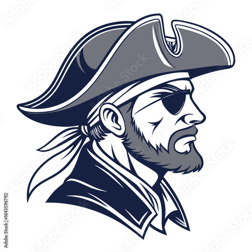 Profile of a fierce pirate captain with an eye patch and tricorn hat in a bold graphic style
