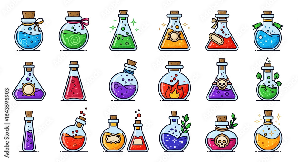 Fototapeta premium Halloween Icons Set of Vibrant Collection of Cartoon Magic Potion Icons in Assorted Glass Bottles and Flasks. Vector Illustrations. EPS Editable