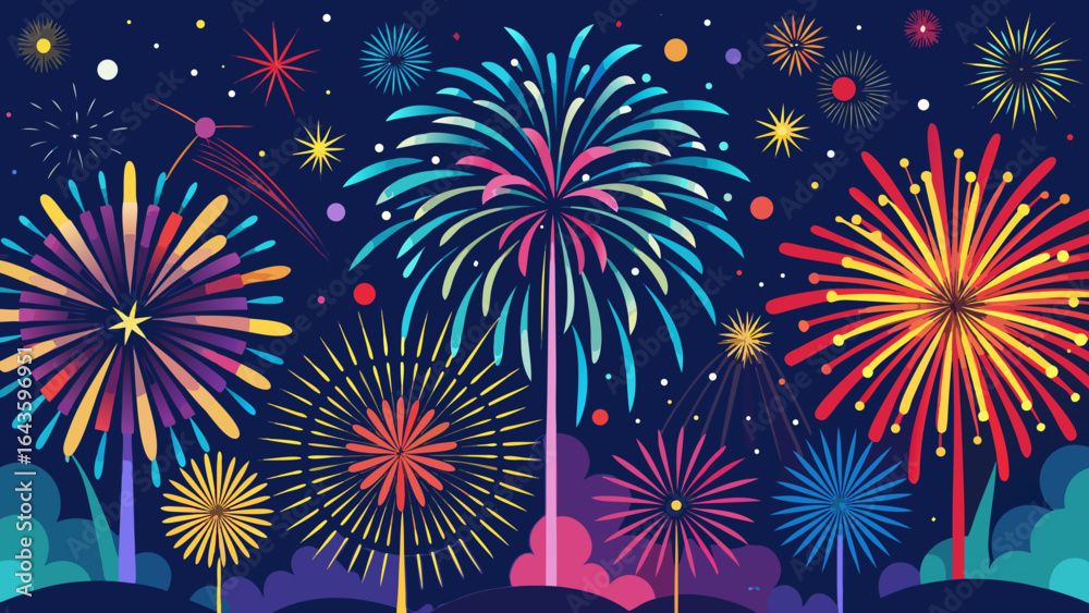 Naklejka premium Vector art of a spectacular fireworks display illuminates the dark night sky with bursts of color, symbolizing joy and celebration for holidays and special occasions