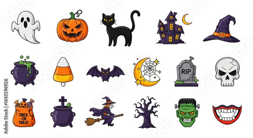 Halloween Icons Set of Vibrant Collection of Spooky and Fun Cartoon Halloween Icons and Symbols. Vector Illustrations. EPS Editable