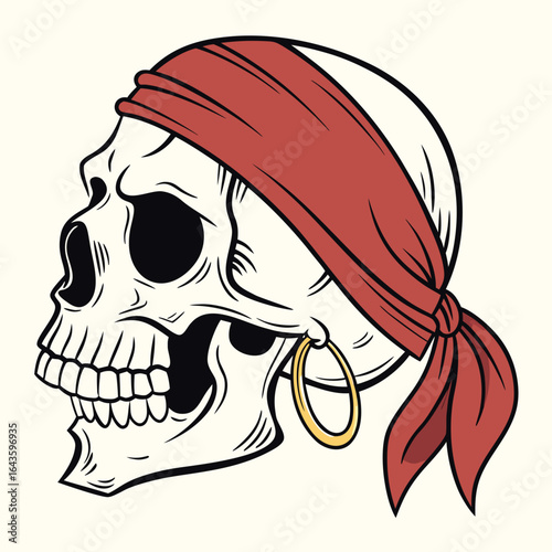 Stylized illustration of a pirate skull with a red bandana and gold hoop earring on a cream background