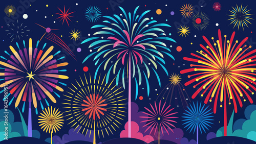Vector art of a spectacular fireworks display illuminates the dark night sky with bursts of color, symbolizing joy and celebration for holidays and special occasions