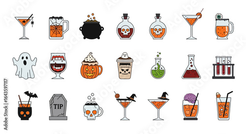 Halloween Icons Set of Vibrant Halloween Icon Set Featuring Spooky Cocktails Potions and Ghoulish Characters. Vector Illustrations. EPS Editable