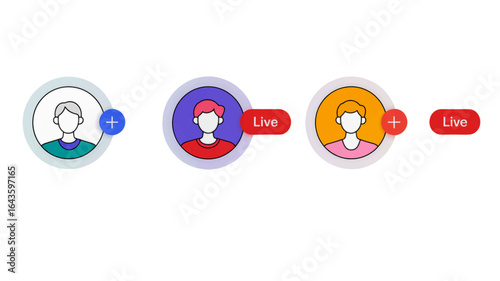 Set of user profile icons for social media applications, featuring avatars with live streaming status indicators and add friend symbols.