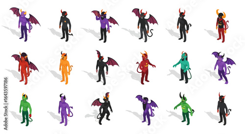 Halloween Icons Set of Vibrant Isometric Collection of Diverse Devil and Demon Characters. Vector Illustrations. EPS Editable