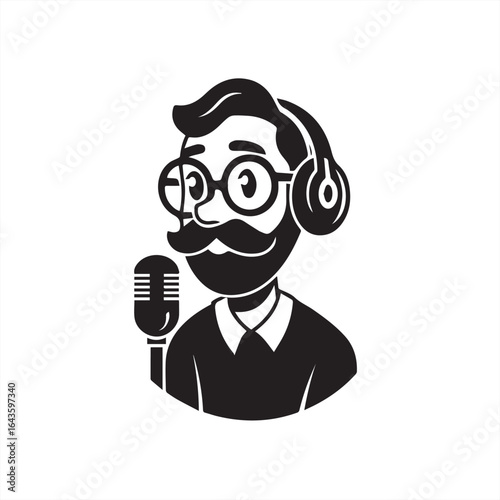 Cartoon Style Male Podcaster with Microphone Black and White vector illustration