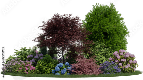 Isolated landscape element featuring a vibrant collection of green and red trees, blooming shrubs, and plants for architectural visualization or garden design.