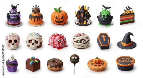Halloween Icons Set of Whimsical Halloween Confections A Detailed ClayStyle Collection of Spooky Sweets and Desserts. Vector Illustrations. EPS Editable