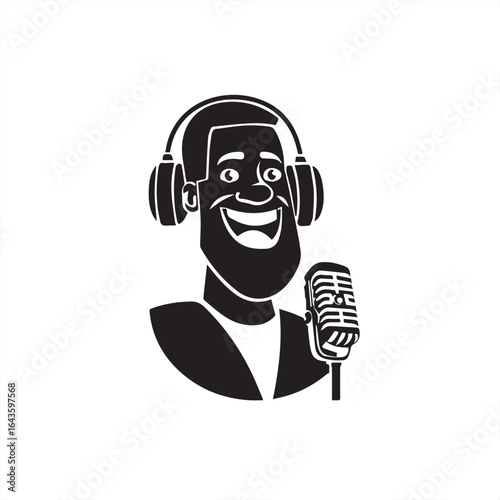 Black and White Silhouette of Male Podcast Host Cartoon Style vector illustration