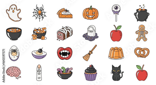 Halloween Icons Set of Whimsical Halloween Doodle Icon Set Spooky Sweets and Creepy Characters. Vector Illustrations. EPS Editable