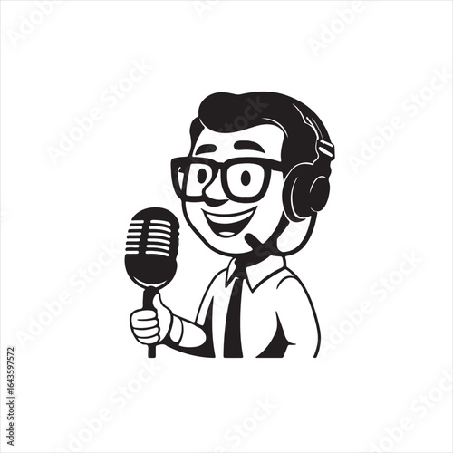 Cartoon Illustration of Male Podcasting Host Black and White vector illustration