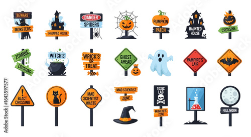 Halloween Icons Set of Whimsical Halloween Signpost Collection Spooky Warnings and Icons. Vector Illustrations. EPS Editable