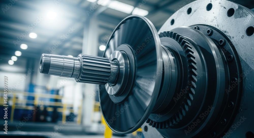 Fototapeta premium Energetic shot of mechanical turbine shaft rotating under factory lights.