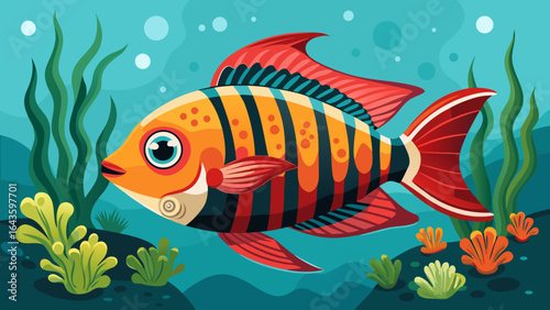 Vector art of a charming cartoon depiction of a striped orange and black fish gracefully swimming amidst aquatic plants and bubbles in a blue ocean environment