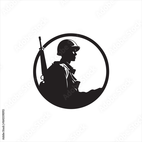 Black and White Illustration of Armed Army Soldier Logo - Vector Illustration