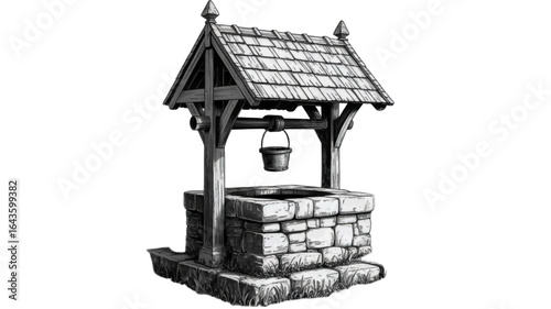 Old-fashioned stone water well with a wooden roof and bucket. A vintage black and white hand-drawn vector illustration on a white background.