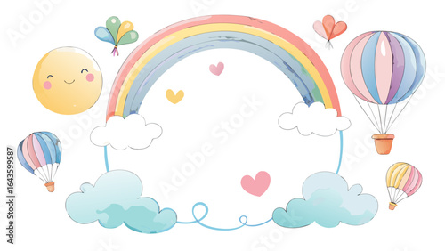Vector art of cute cartoon rainbow with hot air balloons, sun, and clouds, isolated on white background