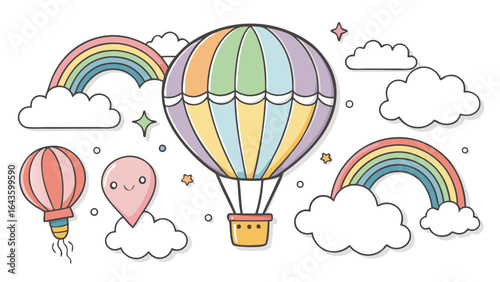 Vector art of whimsical illustration of a hot air balloon with rainbows, clouds, and stars, isolated on white background
