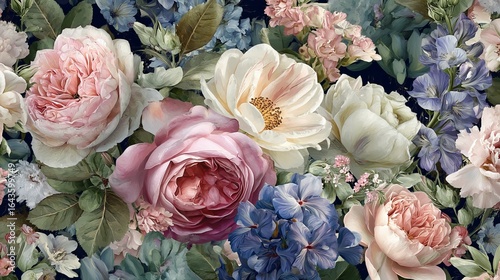 A vibrant arrangement of blooming flowers in soft pastel shades, creating a serene and beautiful ambiance.