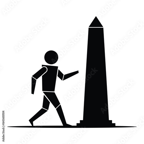Stylized figure walking towards a tall obelisk monument