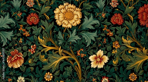 Ornate floral pattern featuring vibrant blooms on a dark background, showcasing intricate design and detail.