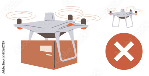 Drone delivering a box with red rejection symbol, illustrating failed delivery or error. Ideal for logistics, e-commerce, technology issues, disruption, shipping, innovation challenges, simple flat