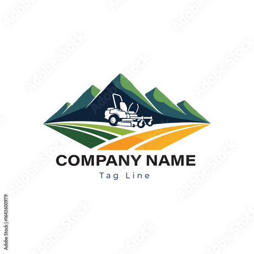 Lawn Mower and Mountain Landscape Logo: Detailed Zero-Turn Mower Emblem for Gardening, Landscaping, and Yard Maintenance Business, Representing Outdoor Service and Natural Environment