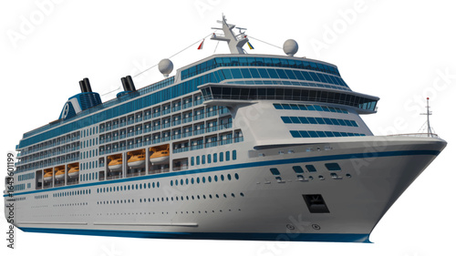 A detailed vector illustration of a modern luxury cruise ship for ocean voyages, isolated on a white background. This graphic represents passenger transport, travel, and tourism.